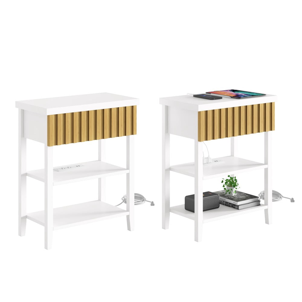 Nightstands Set of 2 with Charging Station, 2 USB Ports & 2 AC Outlets, Fluted Farmhouse Bedside Tables with Drawer & 2 Open Shelves, White