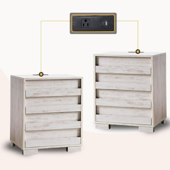 LUXOAK Nightstands Set of 2 with Charging Station, Farmhouse End Table with Drawers, Distressed White