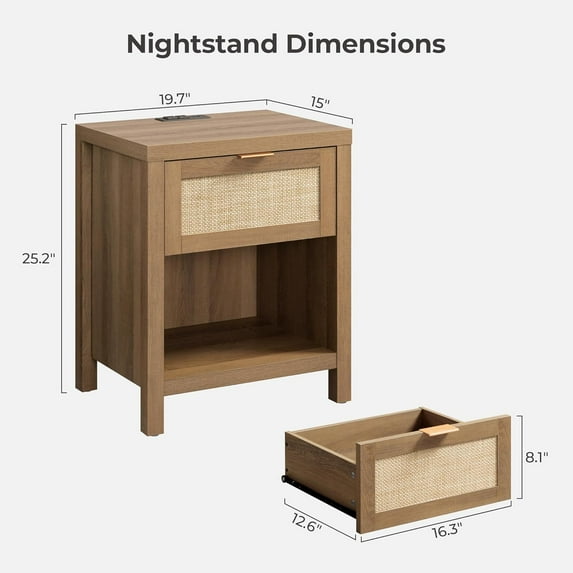 Nightstands Set of 2 with Charging Station Rattan Bedside Table with USB and Type-C Ports for Bedroom Small Space, Oak