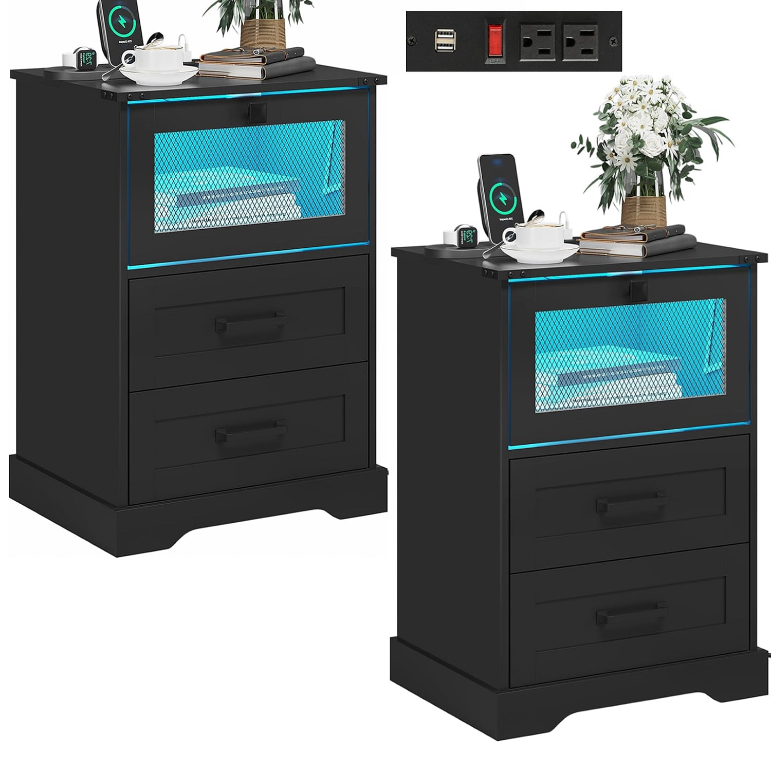 Nightstands Set of 2 with USB Ports & Power Outlets,Modern End Side