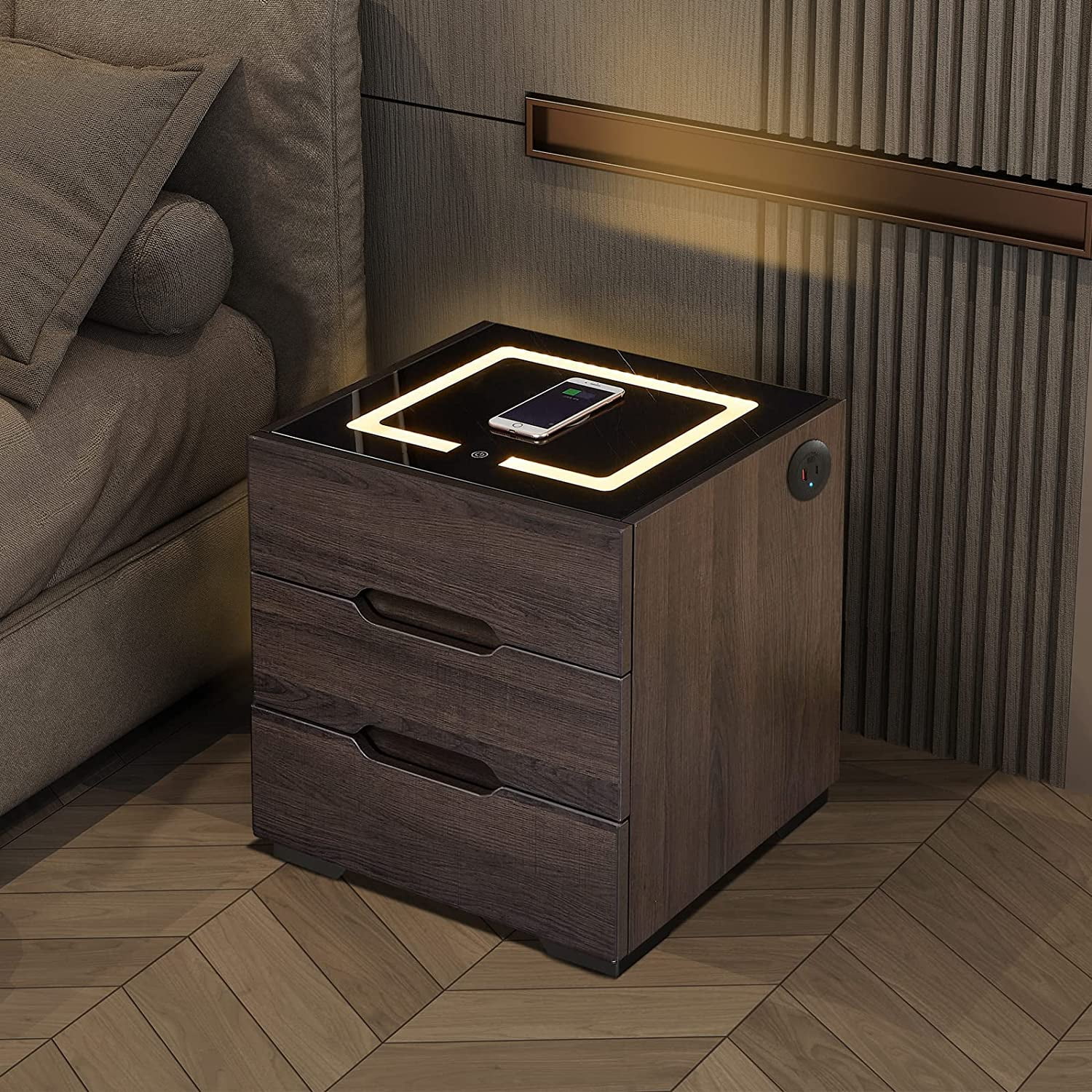 Nightstands Wireless Charging Station and LED Lights, Modern End Side