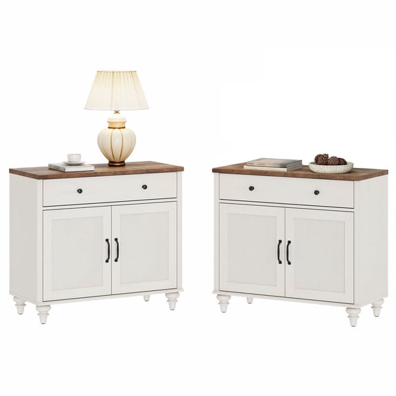 WAMPAT Nightstands with 4 Doors and 2 Drawers, Large Wood Nightstand Storage Cabinets with Storage Cabinets, Modern Farmhouse End table Credenza for Bedroom, White, 2 PCS