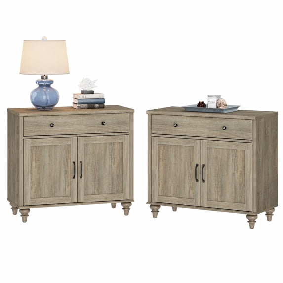WAMPAT Large Nightstands with 4 Doors and 2 Drawers, Farmhouse Wood Nightstand Storage Cabinets with Storage Cabinets, Modern Farmhouse End table Credenza for Bedroom, Wash grey, 2PCS