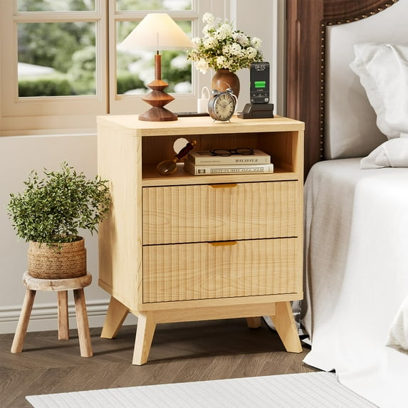 Nightstands with Charging Station, Modern Fluted 2 Drawers End Tables, Side Tables with Storage Shelf for Bedroom, Office