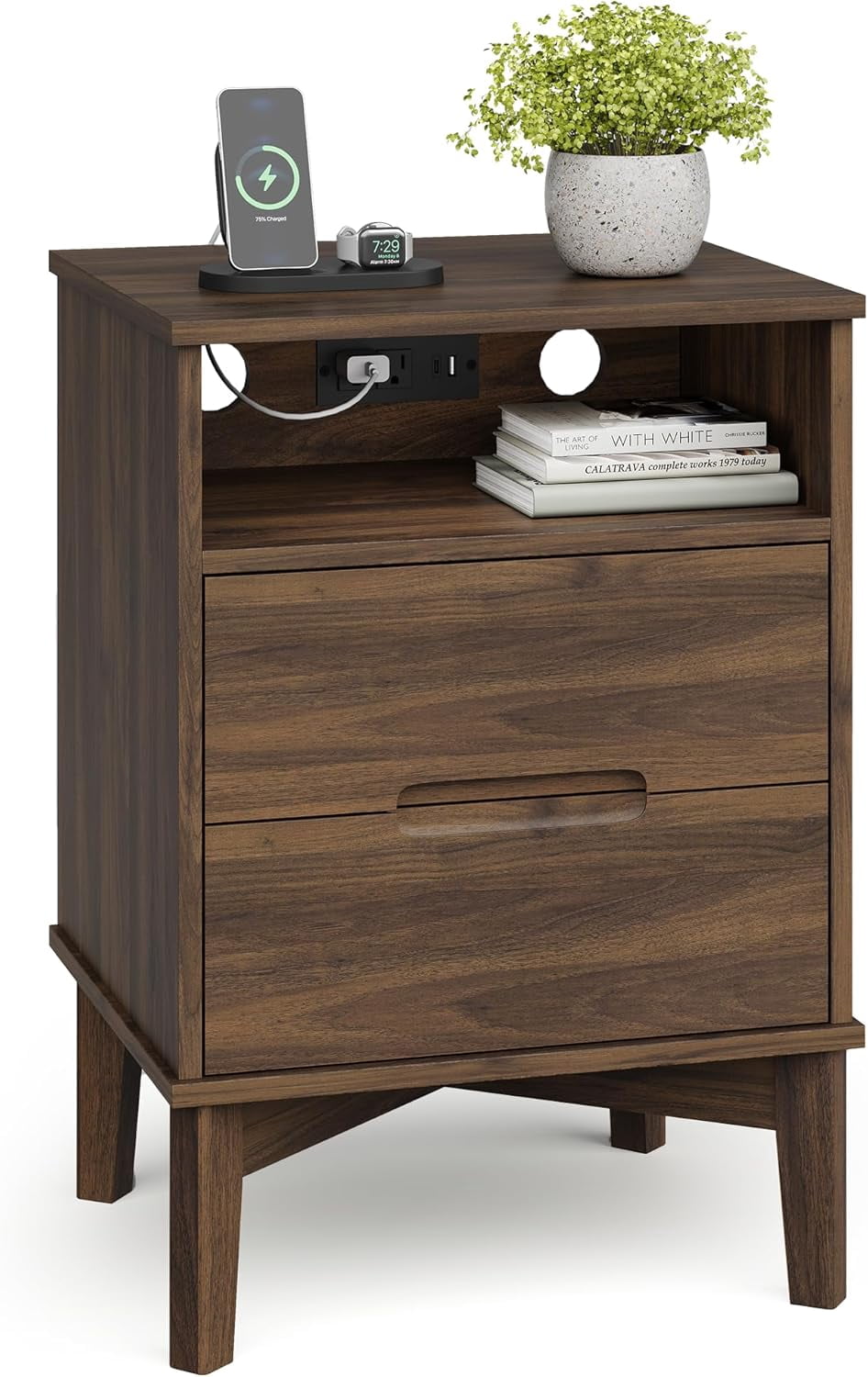 Nightstands with Charging Station & USB-C, 26" Tall Mid-Century Bedside Tables for High Beds, 2 Drawers, Dark Walnut