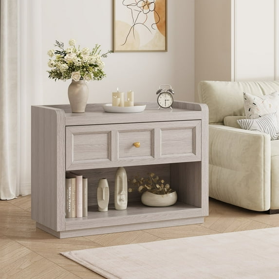 Nightstands with Drawer Storage, 31" Wide Large Night Stand Farmhouse Bed Side Table with Round Corners for Bedroom, Grey White Oak