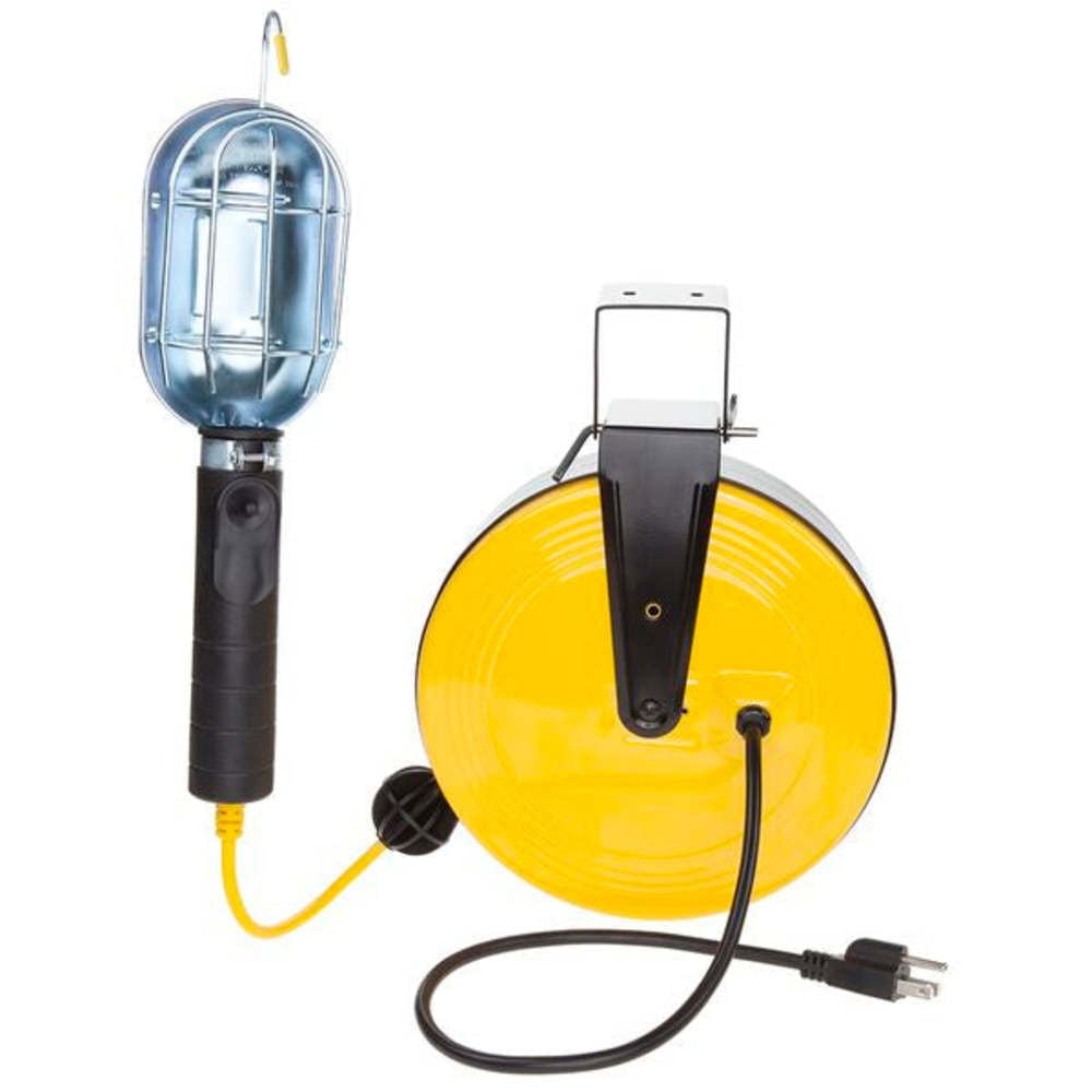 Bayco Pro Trouble Light w/Metal Shield - Metal retractable reel with 50 ft cord w/o tap in handle - 18/2, 1 each, sold by each