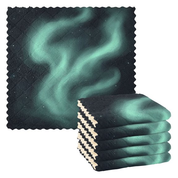 Nighttime Aurora Pattern 6 Pack Kitchen Cleaning Cloths 11'' x 11'', Super Absorbent, Soft Double Layer Plush for Dish and Surface Cleaning