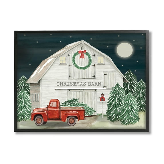 Nighttime Christmas Barn Farm Holiday Graphic Art Black Framed Art Print Wall Art