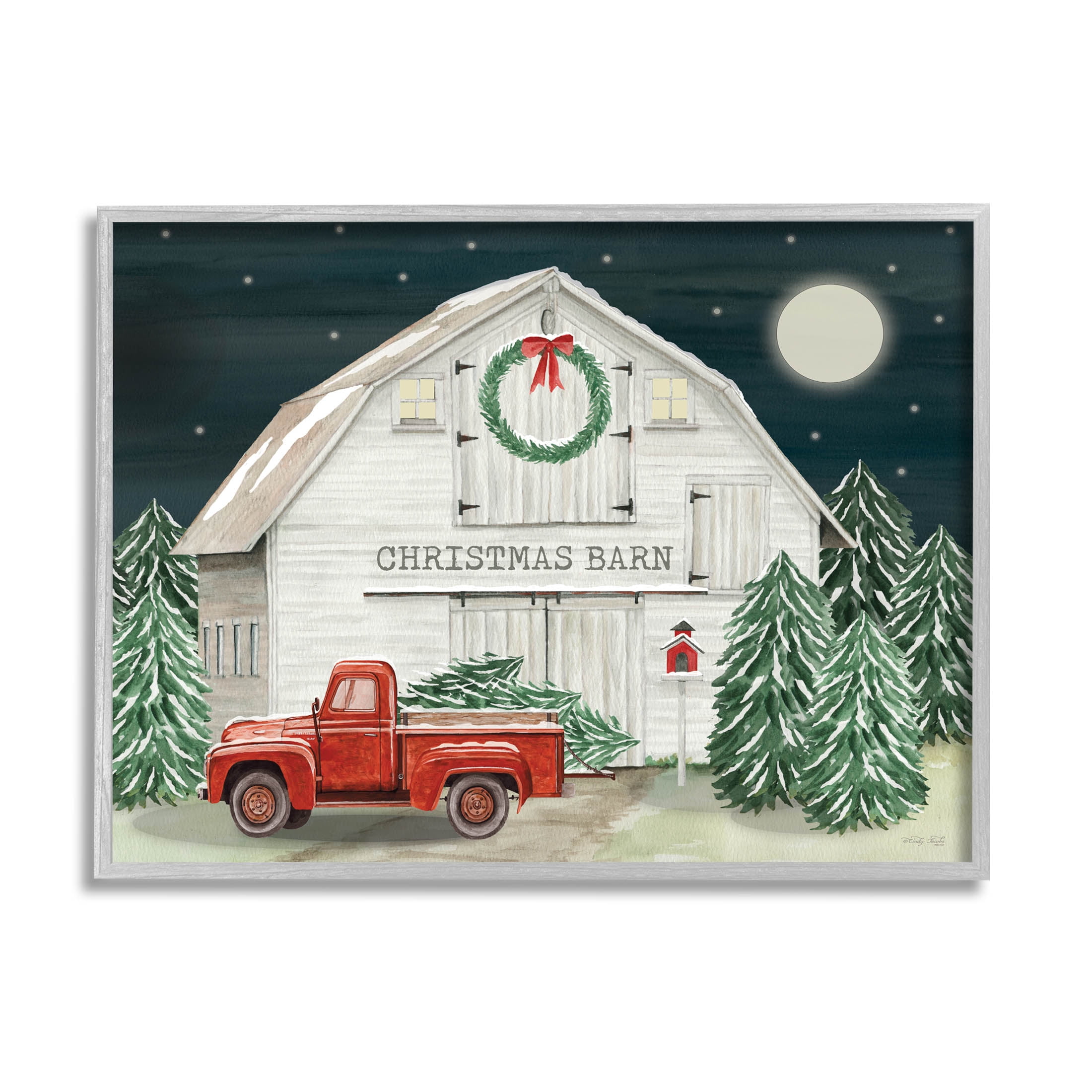 Nighttime Christmas Barn Farm Holiday Graphic Art Gray Framed Art Print Wall Art