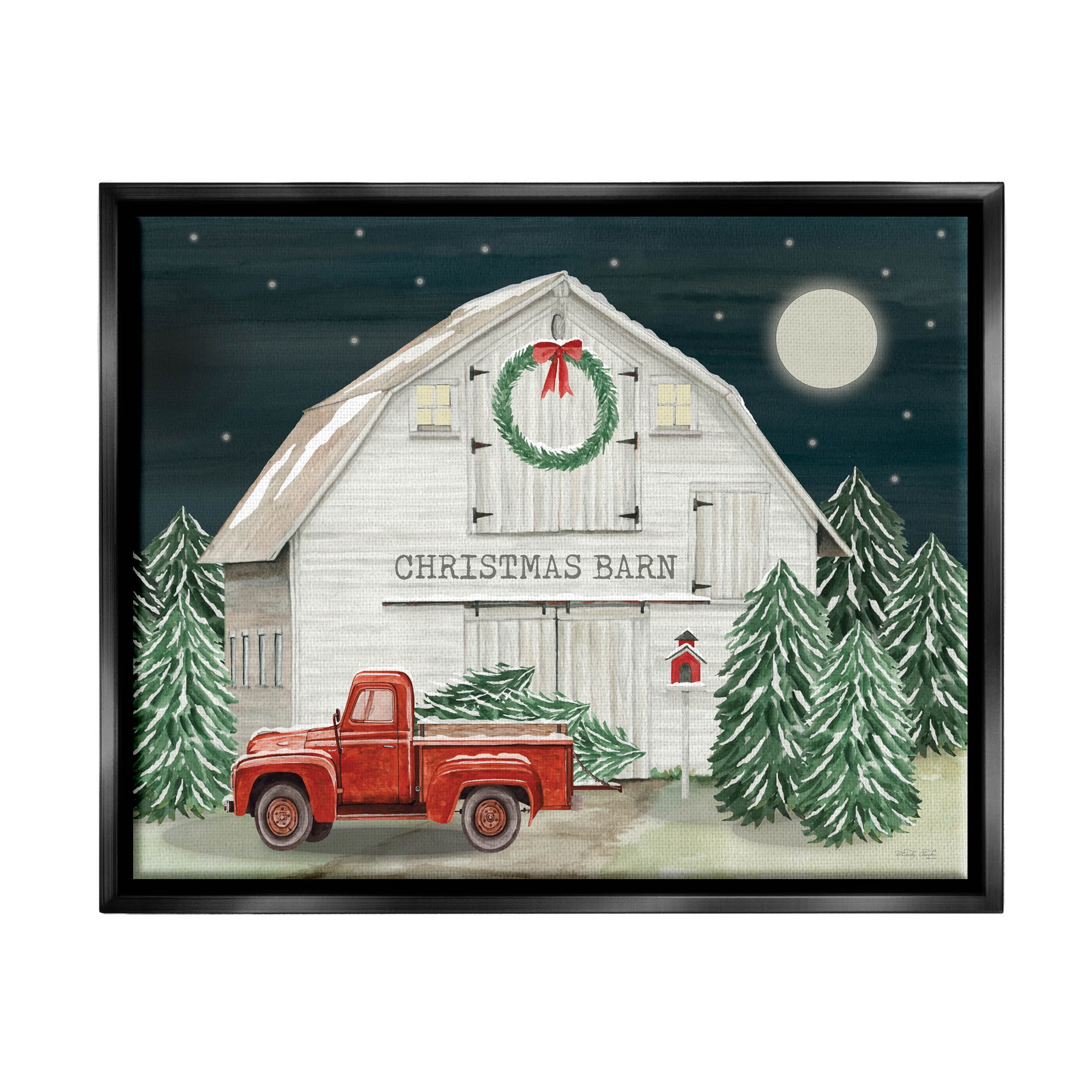 Nighttime Christmas Barn Farm Holiday Graphic Art Jet Black Framed Art Print Wall Art