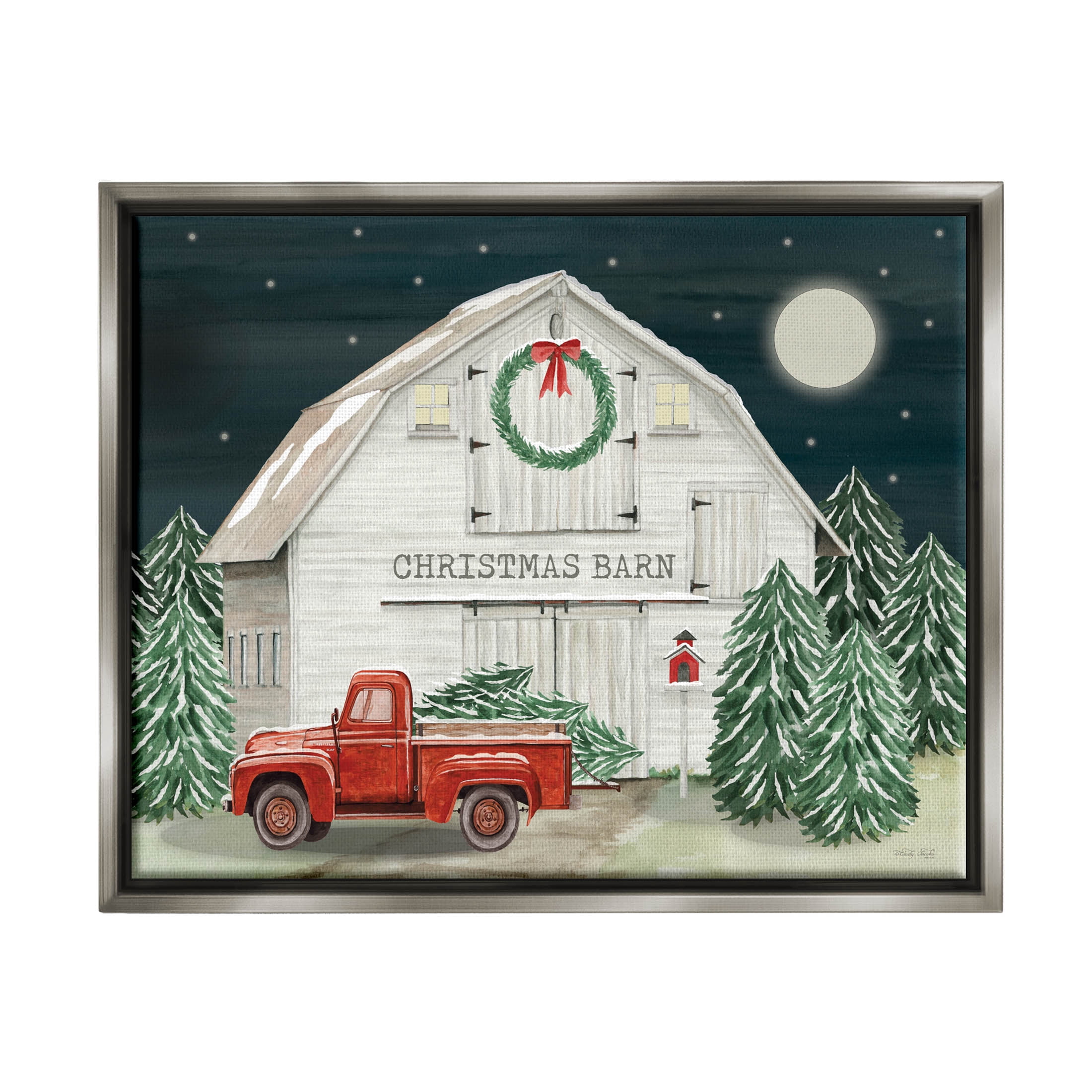 Nighttime Christmas Barn Farm Holiday Graphic Art Luster Gray Framed Art Print Wall Art