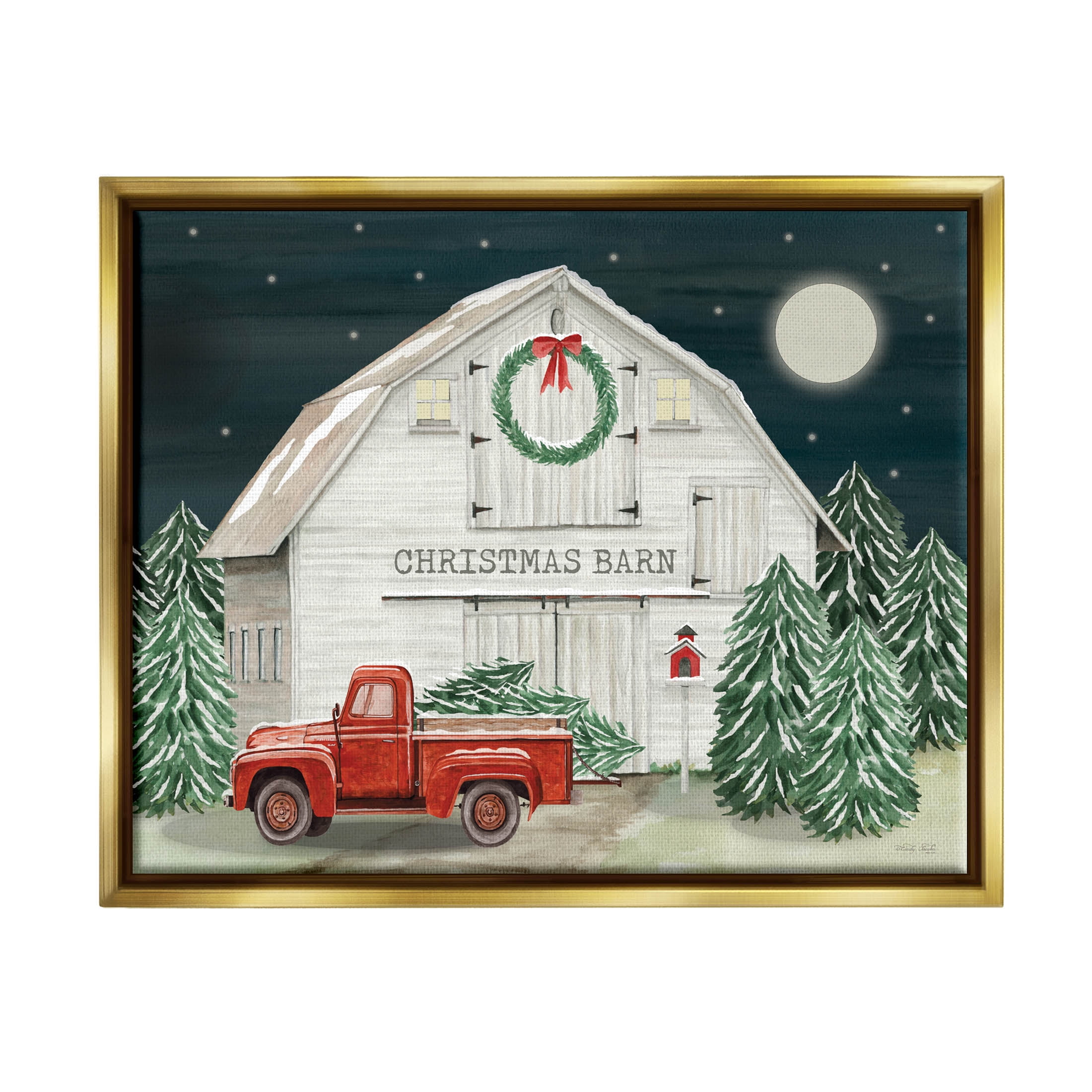 Nighttime Christmas Barn Farm Holiday Graphic Art Metallic Gold Framed Art Print Wall Art