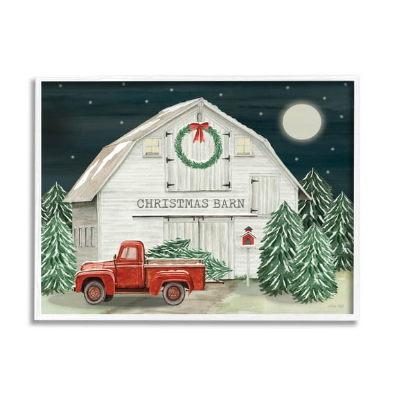 Nighttime Christmas Barn Farm Holiday Graphic Art White Framed Art Print Wall Art
