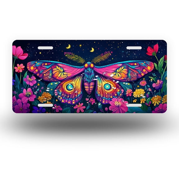 Nighttime Floral Moth Front License Plate,Metal License Plate,Funny Standard Plates Personalized Novelty Decorative For Men/Women/Boys/Girls Car 6×12 Inch