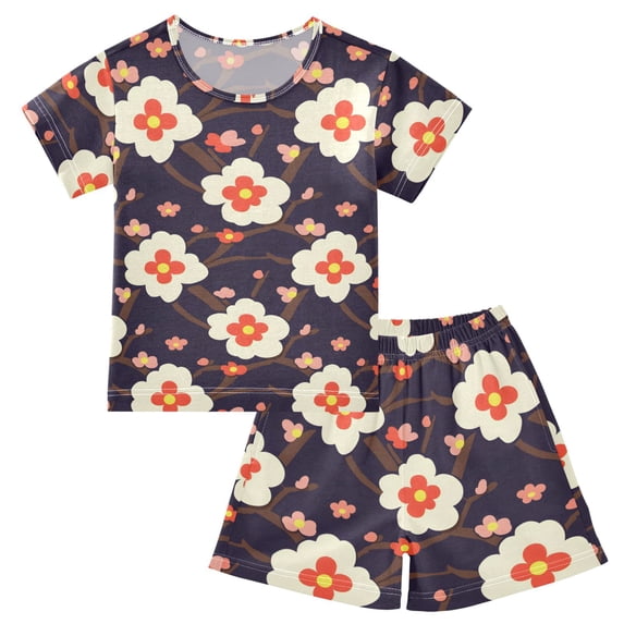 Nighttime Flower Pattern Summer Pajama Set Soft Cotton Short Sleeve Sleepwear 2PCS Pajama Sets Breathable Lounge Set Size 8Y