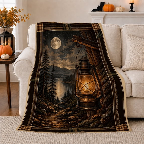 Nighttime Forest Lake Lantern Scene, Peaceful Mountain Lake Scene, Warm Flannel Blanket for Cabin and Lodge, Outdoor Lovers Father's Day Gift, Artistic Home Decor