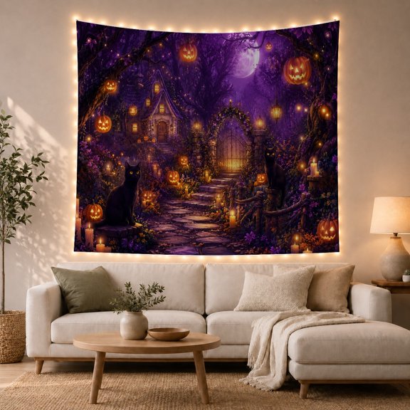 Nighttime Forest Winding with Stone Pathway Leads Through, Playful Fantasy for Cat Lovers, Animal Wall Decor, Halloween Gift, Tapestry Wall Hanging for Bedroom and Dorm