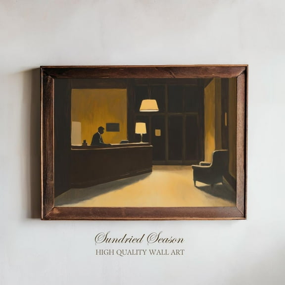 Nighttime Hotel Lobby Poster, Dark Atmospheric Art Print, Minimalist Noir , Elegant Retro Interior Decor, Classic Film Aesthetic UNFRAMED Poster, Wall Art for Decor, Present, 8x12