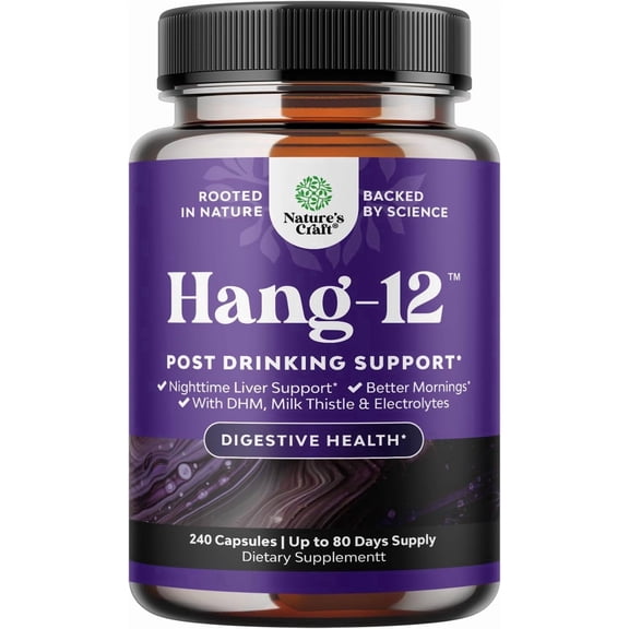 Natures Craft Hang-12 DHM Liver Supplement for Rehydration and Post-Drinking Support, 240 Capsules