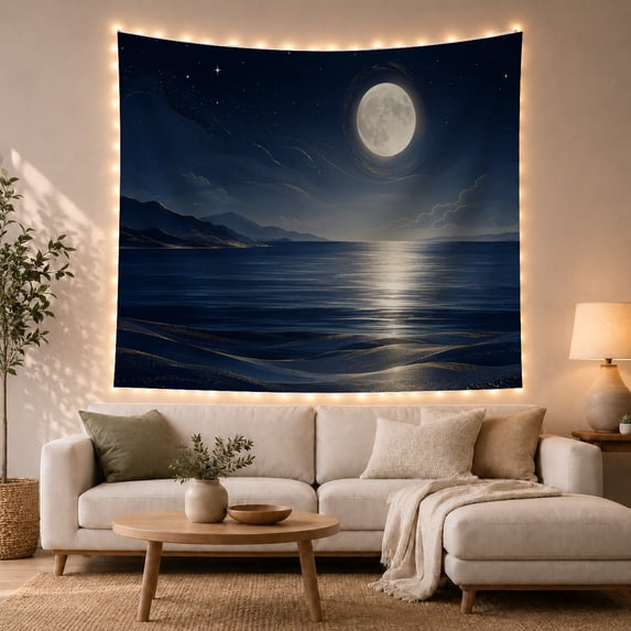 Nighttime Luminous Full with Moon Upper Right Quadrant, Dreamy Illustration for Nature Lovers, Moonlit Nature Wall Art, Graduation Gift, Tapestry Wall Hanging for Bedroom and Dorm