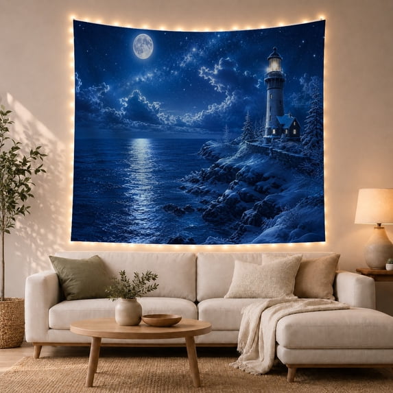 Nighttime Tall Lighthouse With Glowing Stands Atop Snow, Mystical Fantasy for Space Lovers, Galaxy Room Decor, Housewarming Gift, Tapestry Wall Hanging for Bedroom and Dorm