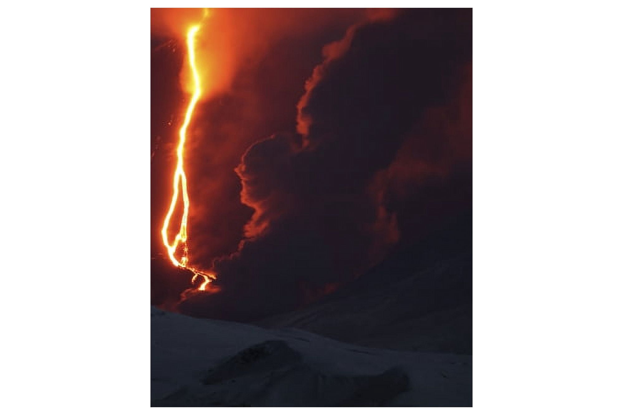 Nighttime eruption of Kliuchevskoi Volcano Russia Canvas Art - Richard RoscoeStocktrek Images (18 x 12)