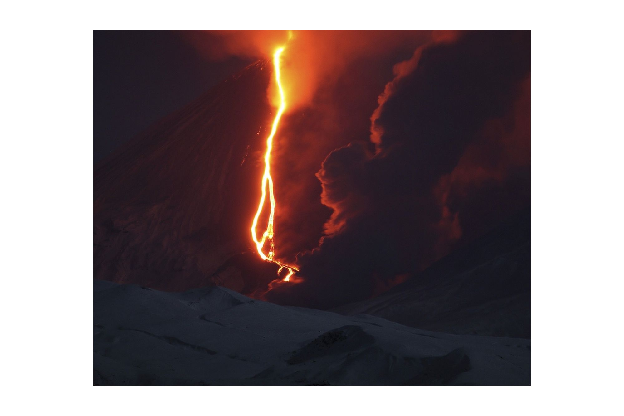 Nighttime eruption of Kliuchevskoi Volcano Russia Canvas Art - Richard RoscoeStocktrek Images (35 x 23)