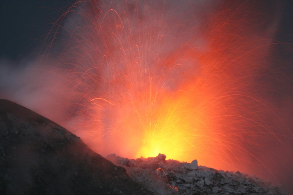Nighttime eruption of Santiaguito dome complex Santa Maria volcano Guatemala Canvas Art - Richard RoscoeStocktrek Images (35 x 23)