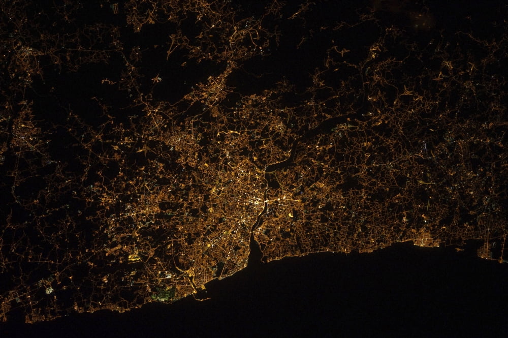 Nighttime image of Portugal showing city lights of Porto and Vila de Gaia Canvas Art - Stocktrek Images (35 x 23)