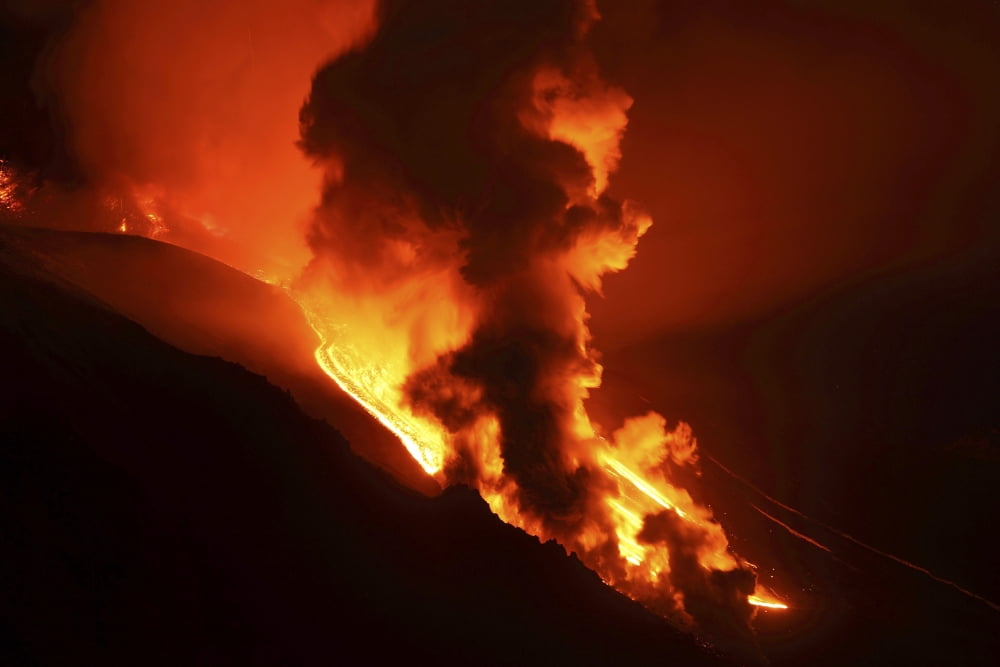 Nighttime paroxysmal eruption at Mount Etna Volcano Italy Canvas Art - Richard RoscoeStocktrek Images (18 x 12)