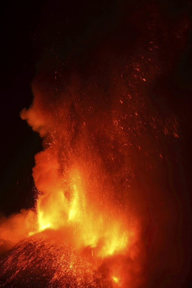 Nighttime paroxysmal eruption at Mount Etna Volcano Italy Canvas Art - Richard RoscoeStocktrek Images (23 x 35)