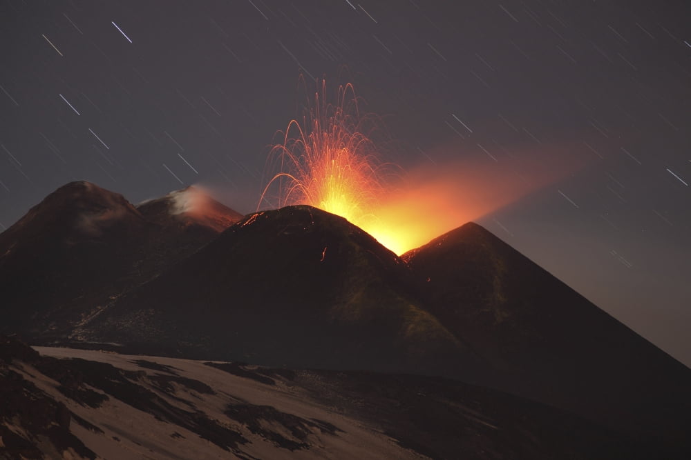 Nighttime strombolian activity at Mount Etna Volcano Italy Canvas Art - Richard RoscoeStocktrek Images (35 x 23)