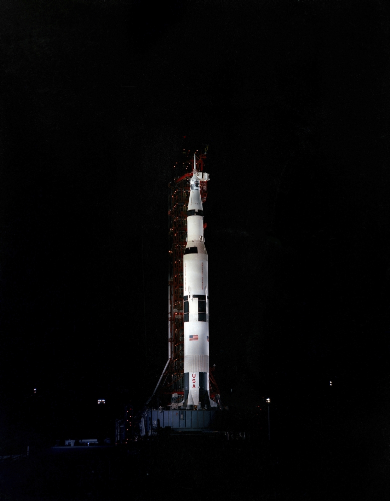 Nighttime view of the Apollo 10 space vehicle on its launch pad Canvas Art - Stocktrek Images (25 x 32)