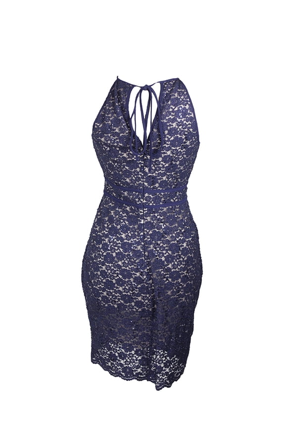 Womens Navy Sleeveless Sequin Halter Sheath Dress 10