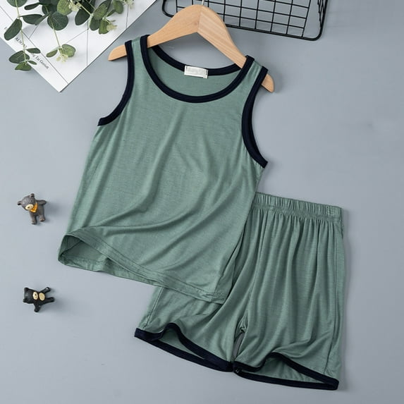 Nightwear Shorts and Tops Vest 𝐏ajamas Set Thin Cotton 𝗟ounge Boys Girls Summer Sleeveless Sle𝐞pwear Shorts Kids Sweat Outfit Toddler