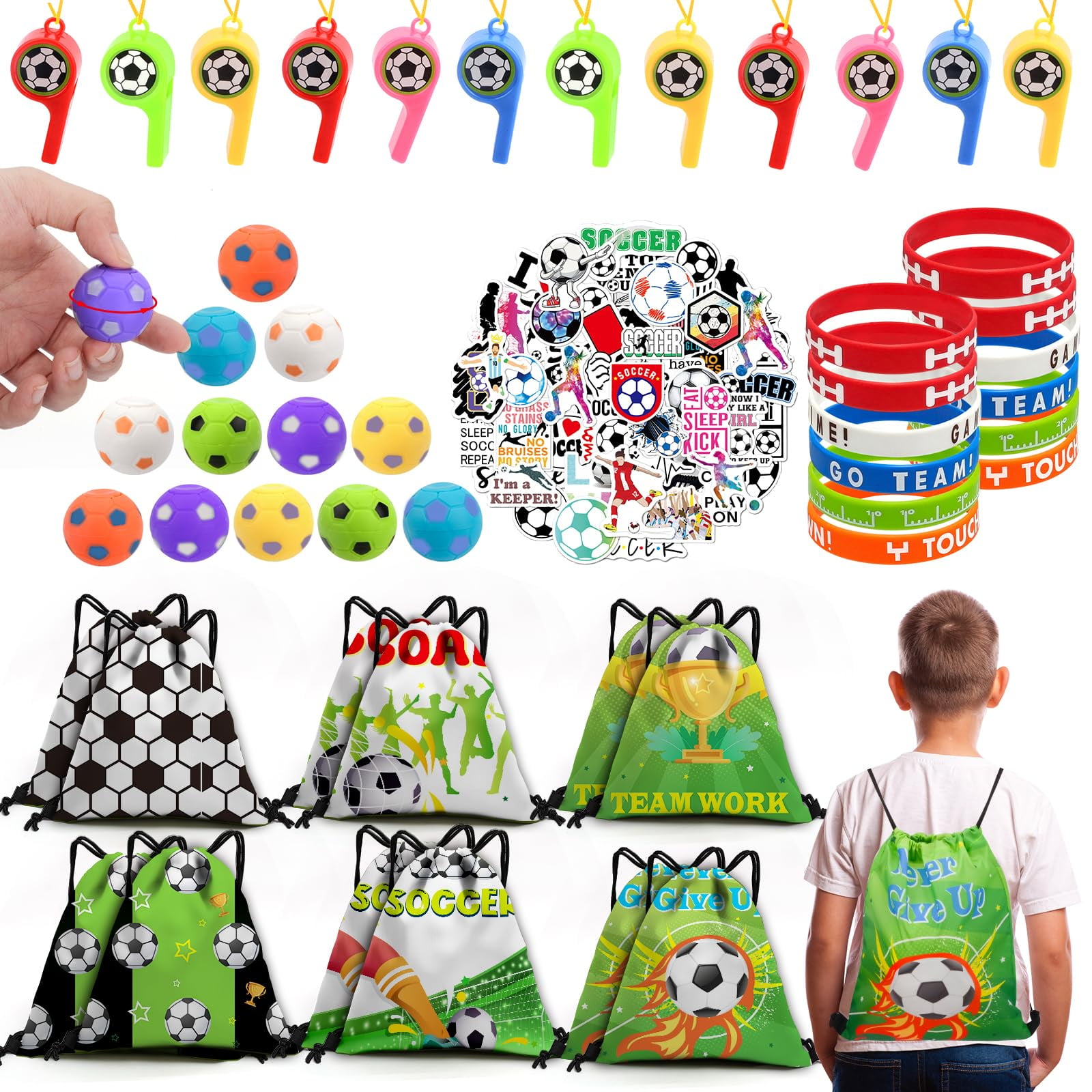 158 PC Soccer Party Favors Kit - Goodie Bags With Bracelets, Whistles & Stickers For Team Parties