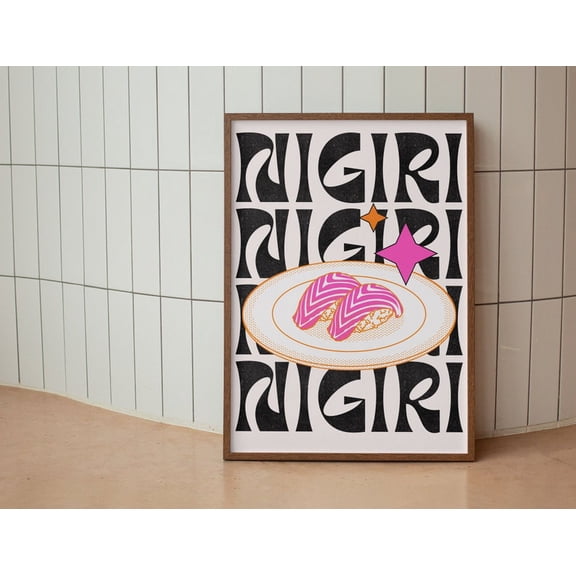 Nigiri Sushi Modern Poster, Sushi Lover Exhibition Print, Hot Pink Orange Wall Art, Housewarming Trendy Food Wall Decor Size 24x36 Unframed Poster