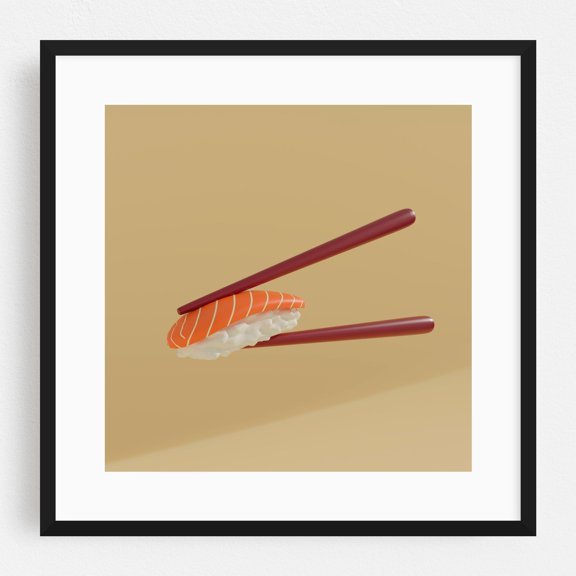 Nigiri and chopsticks - Digital Art Sushi Japanese Food Minimalist Kitchen Decor Modern Art Pop Art Illustration Black Framed Wall Art Print 12 x 12 inches