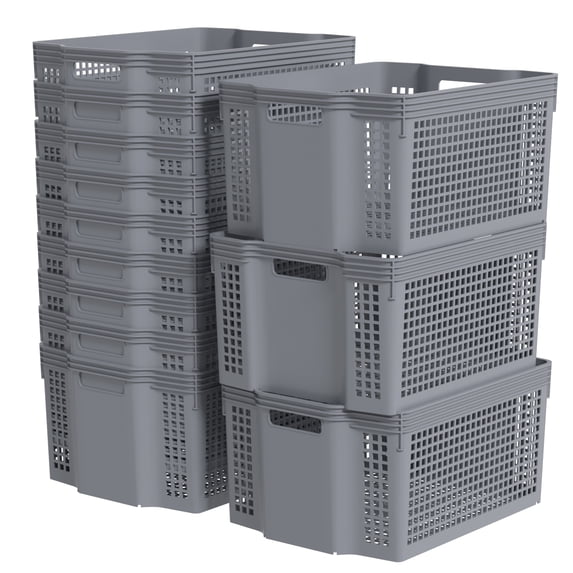 Nihenok Large 12 Packs Plastic Stackable Storage Basket, Kitchen Pantry Office Organizer Bins, Gray