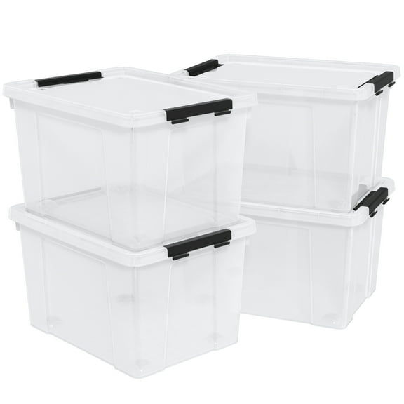 Nihenok Set of 4 50 L Stackable Plastic Storage Container with Latching Lids and Wheels, Clear Home Garage Organization Bins Box, See-Through