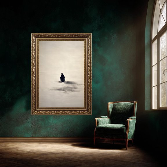 Nihilist Penguin Wall Art Minimalist Arctic Print Moody Atmosphere Decoration, Unframed Paper Poster 8x10in