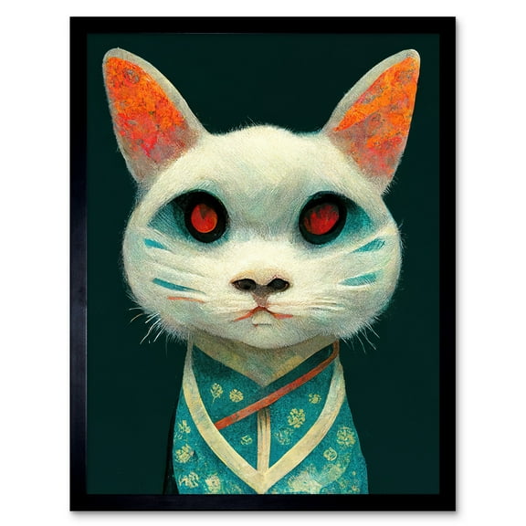 Nihonga Kimono Cat Japanese Illustration Art Print Framed Poster Wall Decor 12x16 inch