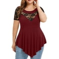 thumbnail image 1 of Nihsatin Women's Plus Size Lace York Asymmetrical T-Shirts Short Sleeve Lace Trim Summer Blouse Top, 1 of 4