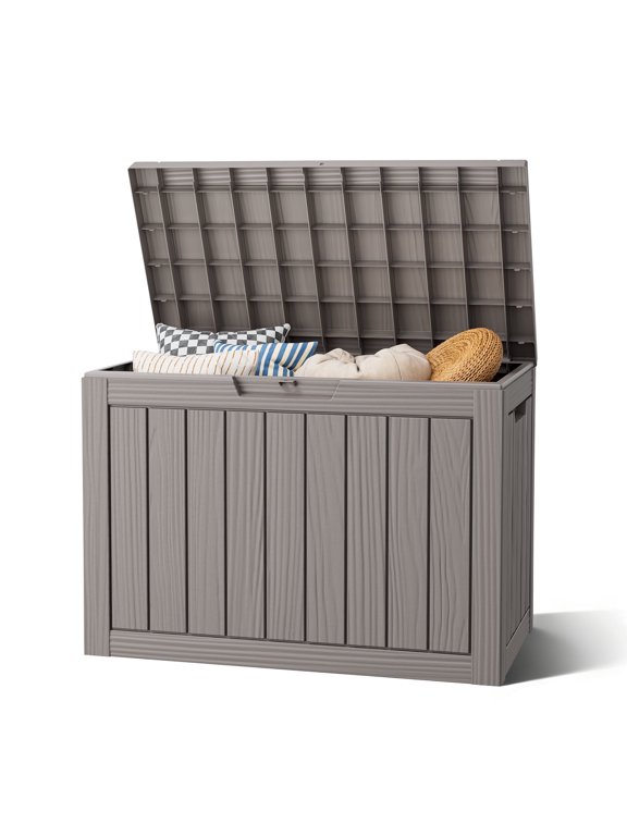 45-Gallon Outdoor Deck Box, Resin Wood-Grain Storage Box with Seat, Waterproof and UV Resistant for Garden Tools, Supplies, Toys, Gray
