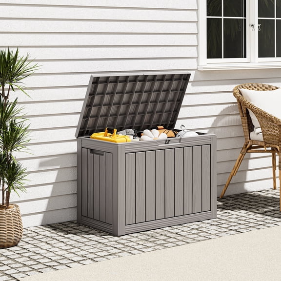 Nihsuao 45 Gallon Resin Deck Box, Lockable Patio Outdoor Storage Box for Furniture, Garden Tools and Tools Storage, Weather - resistant, Gray Wood Grain