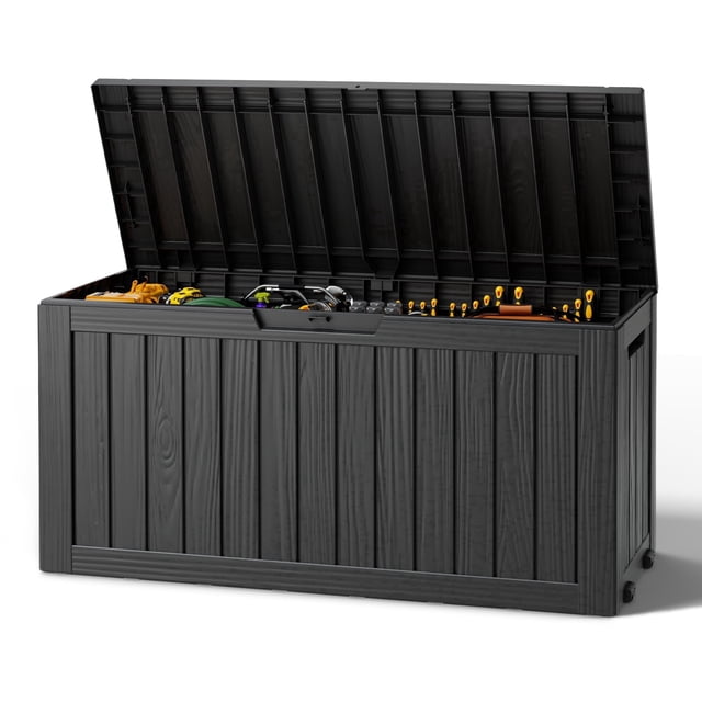 Nihsuao 80 Gallon Wood-grain Resin Deck Box, Lockable Weatherproof ...