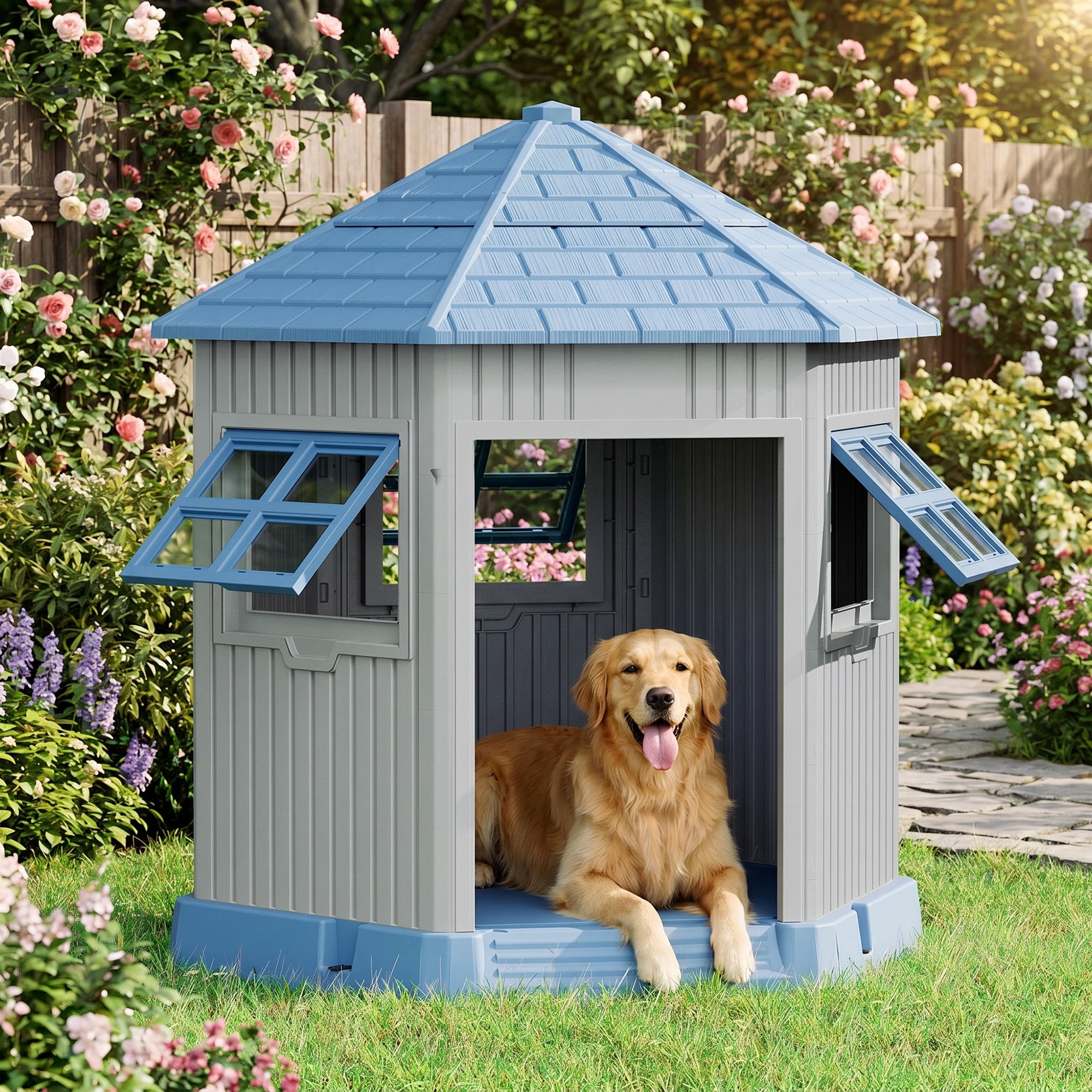 Nihsuao Durable Waterproof Dog House for Medium to Large Dogs, Indoor Outdoor Plastic Kennel with Elevated Floor & Air Vents, Easy Clean & Assemble, Blue, 33.5"L x 29.5"W x 37.4"H