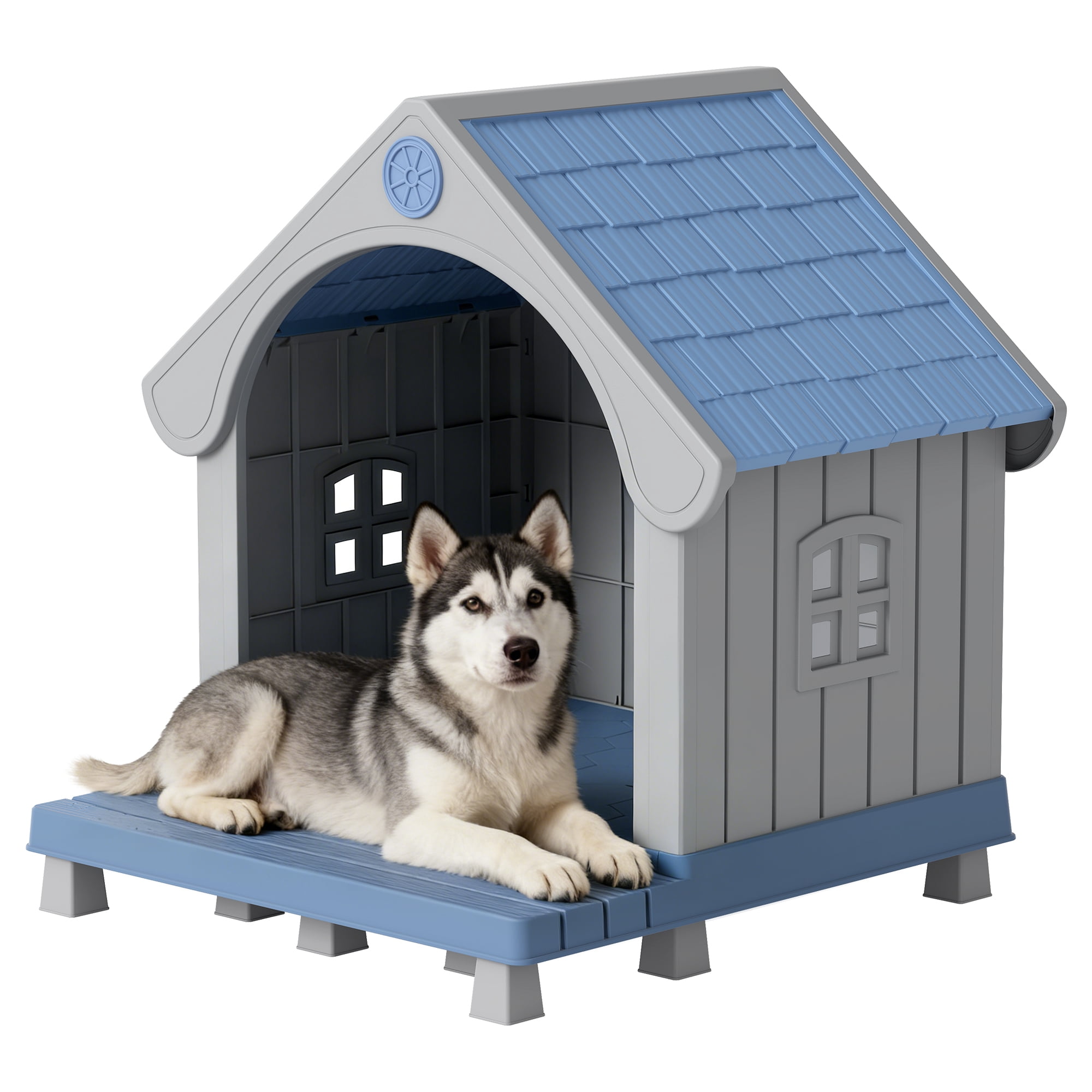 Nihsuao Durable Waterproof Dog House for Small to Medium Dogs, Indoor Outdoor Plastic Kennel with Porch, Sloping Roof & Elevated Floor, Easy Clean, Blue, 32.95"L x 31.5"W x 37.88"H
