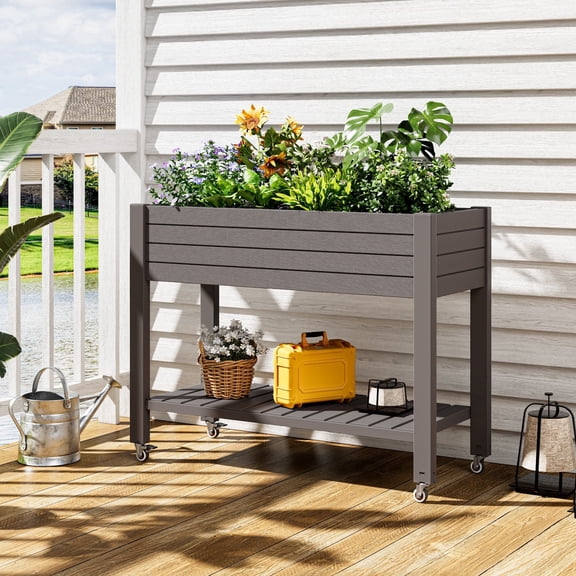 Nihsuao Elevated Mobile Raised Garden Bed with Storage Shelf & Lockable Wheels, Weather-Resistant HDPE Planter Table for Patio, Herb & Vegetable Growing, Gray